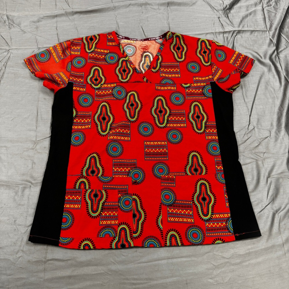 Divine Stretch Scrub Top Red Tribal Geometric Print V-Neck Medical Uniform L